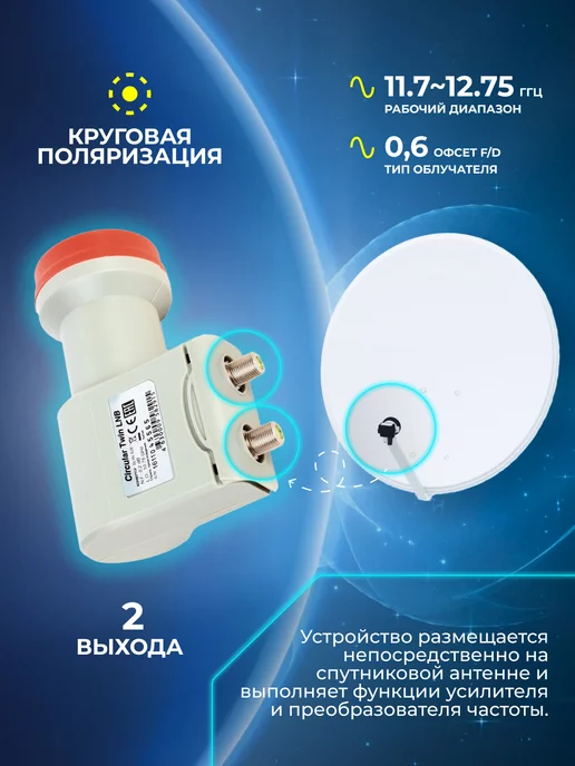 CADENA Конвертер спутниковый круговой 2 выхода, серый, фото 2