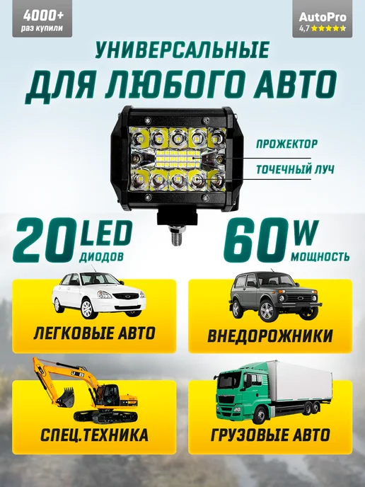 AutoPro Светодиодные противотуманные фары 60W ПТФ универсальные, 60 Вт, фото 2