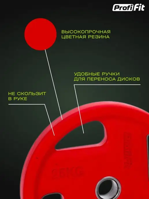 PROFI FIT Блин для штанги и гантелей, обрезиненный, 15кг, 51мм, 25 кг, фото 2