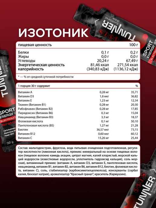 TUNNER Изотоник спортивный жидкий энергетический гель 20 шт*30 г, 20 шт, 30 г, фото 3