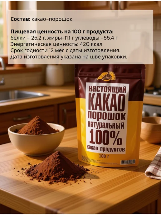 Доброе утро Какао-порошок натуральный без сахара 2 шт по 100г, 2 шт, 100 г, фото 2