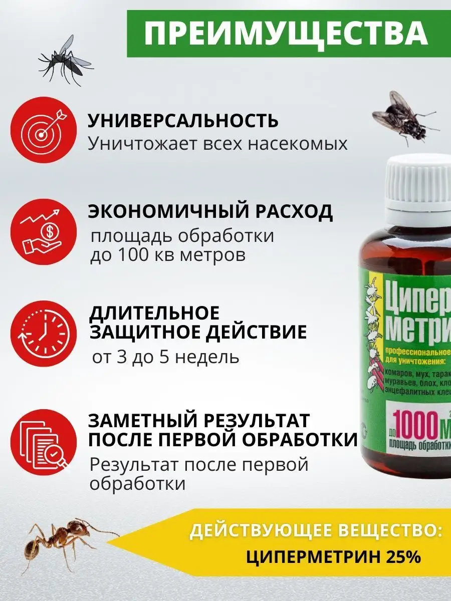 Циперметрин 25, средство от клещей, тараканов, клопов, 50 мл НПО Гарант  103099008 купить за 241 ₽ в интернет-магазине Wildberries