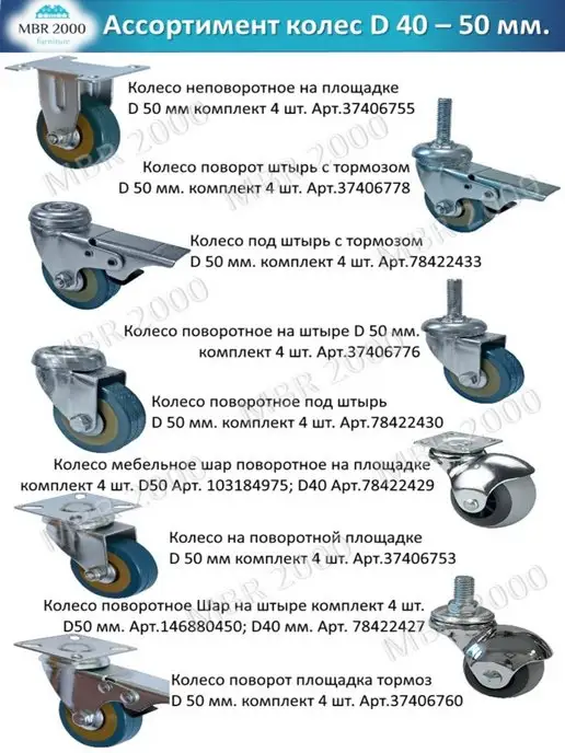 MBR2000 Колесо мебельное шар поворотное D50мм на площадке ком-кт 4шт, 4 шт, фото 4