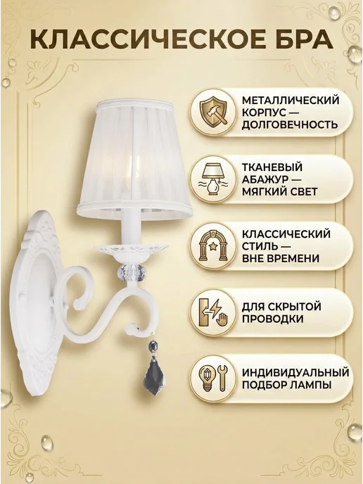 Сфера Света Бра настенное классическое с абажуром E14 для спальни, белый