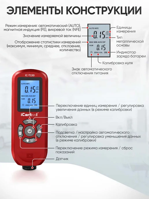 ICARTOOL Толщиномер лакокрасочных покрытий Fe NFe IC-T150, красный, фото 5