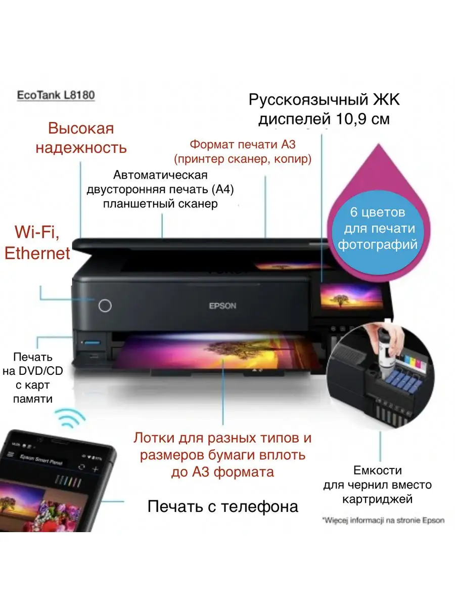 L8180 А3 МФУ EcoTank (Русское меню) + Набор чернил + Wi-Fi Epson 103671913  купить в интернет-магазине Wildberries