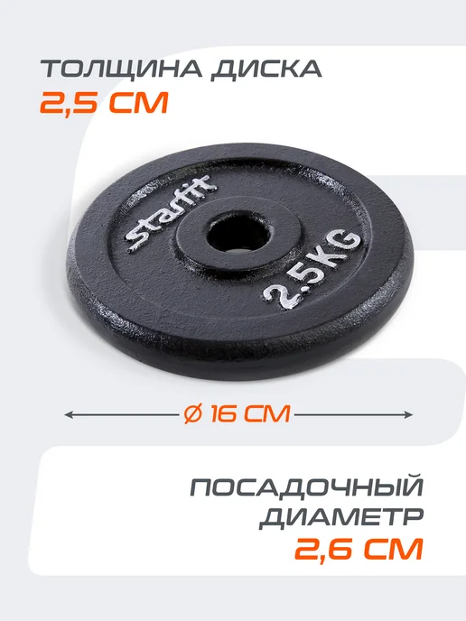 Starfit Блины для грифа штанги гантелей чугунные 2 шт 5 кг, 2 шт, 2,5 кг, фото 4