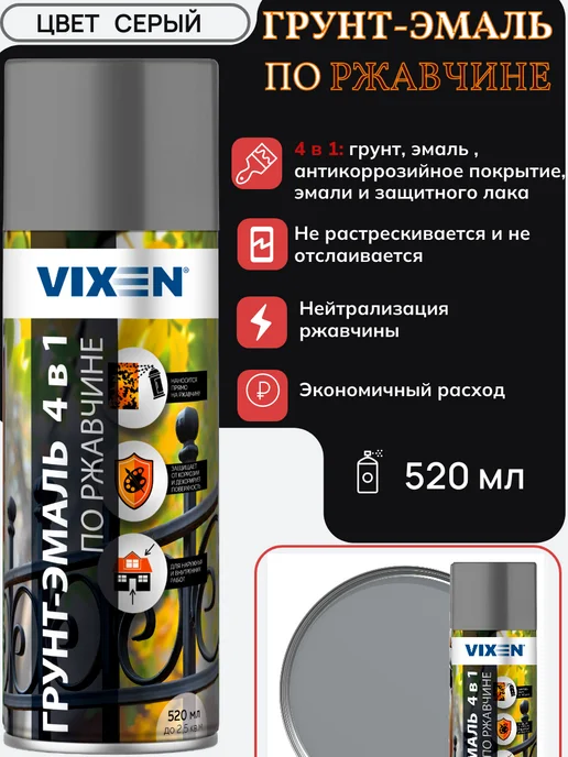 VIXEN Грунт-эмаль по ржавчине Серая 520 мл, 520 мл