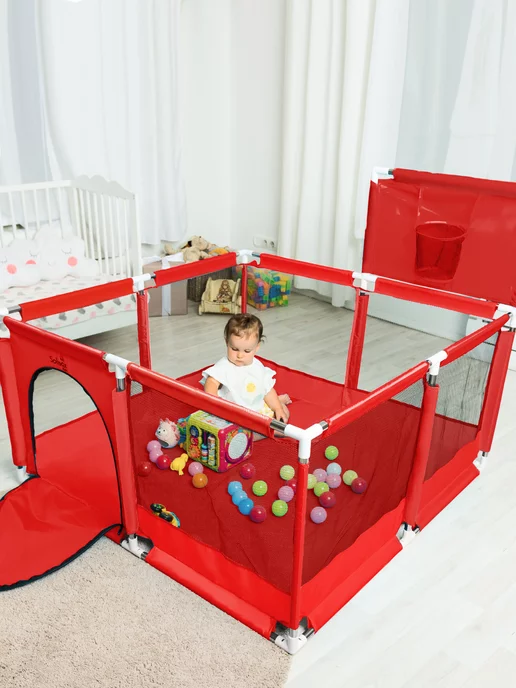 Solmax&Kids Манеж детский напольный с баскетбольным кольцом и шариками, красный, фото 7