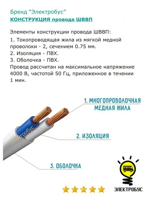 Электробус Провод электрический кабель ШВВП 2x0.75 бухта 50м, 2x0.75, 100 м, фото 2