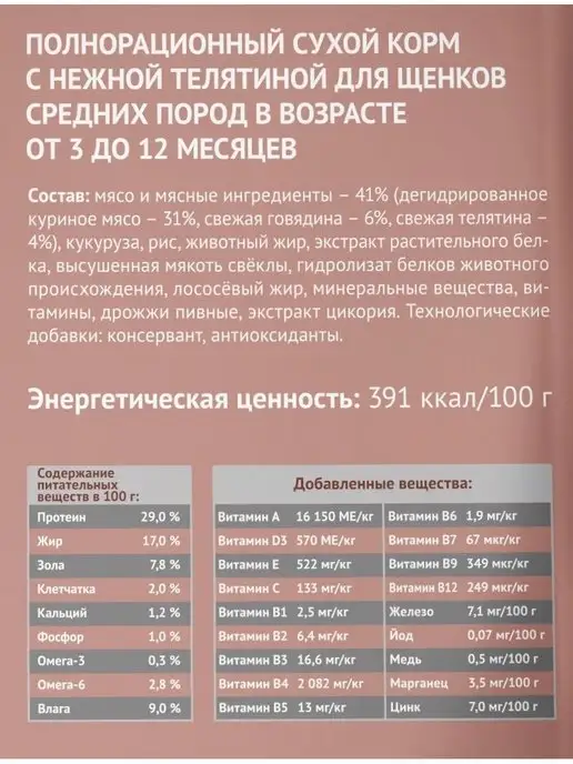 Сухой корм Мираторг Extra Meat для собак, средние, щенки, телятина, 10 кг, фото 4