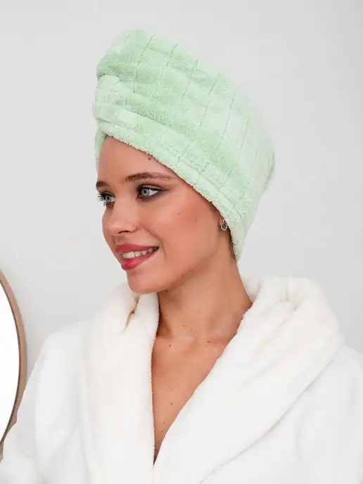 Bath_fashion Полотенце для сушки волос (двусторонняя чалма) микрофибра, зеленый, фото 4