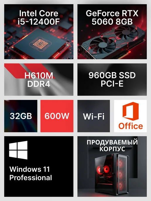 RobotComp Игровой Компьютер M-16 2.0 V3 i5 12400F RTX 5060 8GB, красный, фото 2
