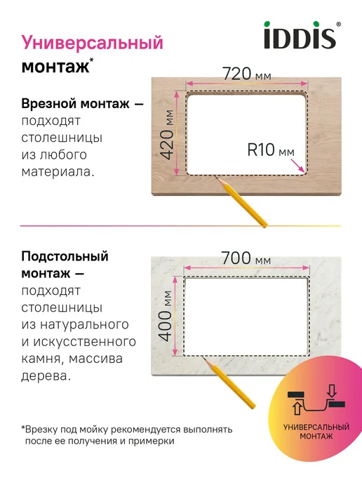 IDDIS Мойка для кухни врезная или подстольная, 44х44х18 см, 74x44x20 см, фото 7