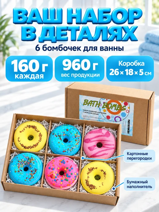 Ofcourse Большие бомбочки для ванны пончики СПА набор подарочный, голубой, фото 3